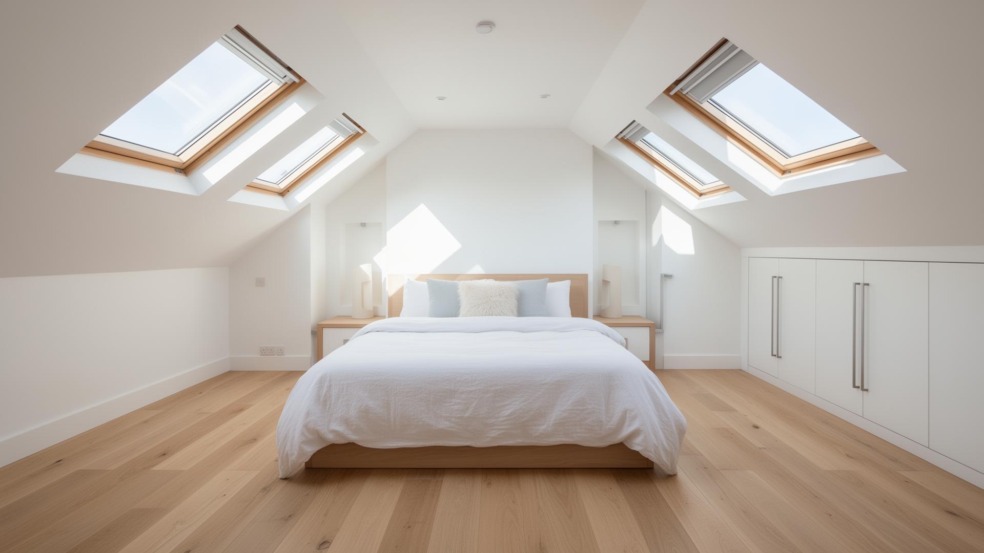 Modern finished attic bedroom conversion with skylights and natural light